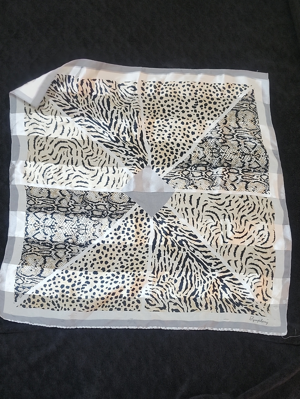 Vtg Silk Designer Animal-Print Square Scarf in Cream and Black